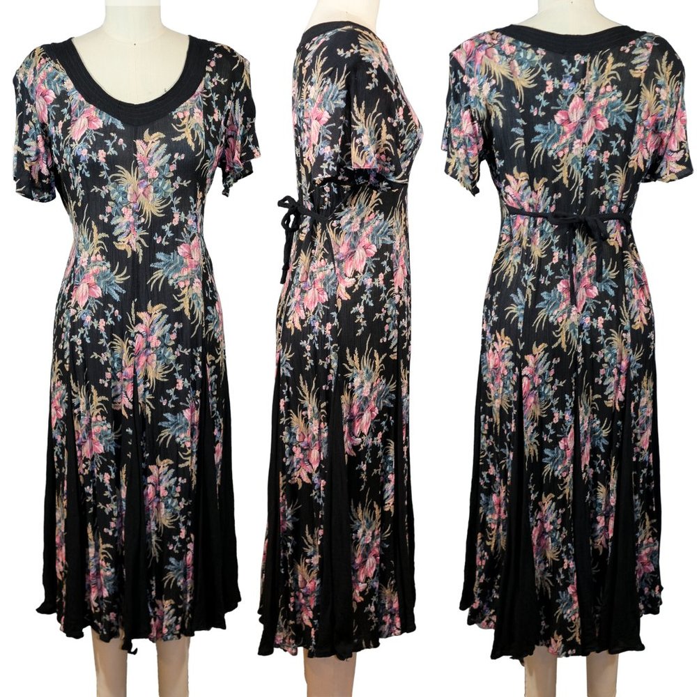 Vintage Lola P. Black Antique Floral Maxi Dress - Size P (6) - Bohemian- Grunge
